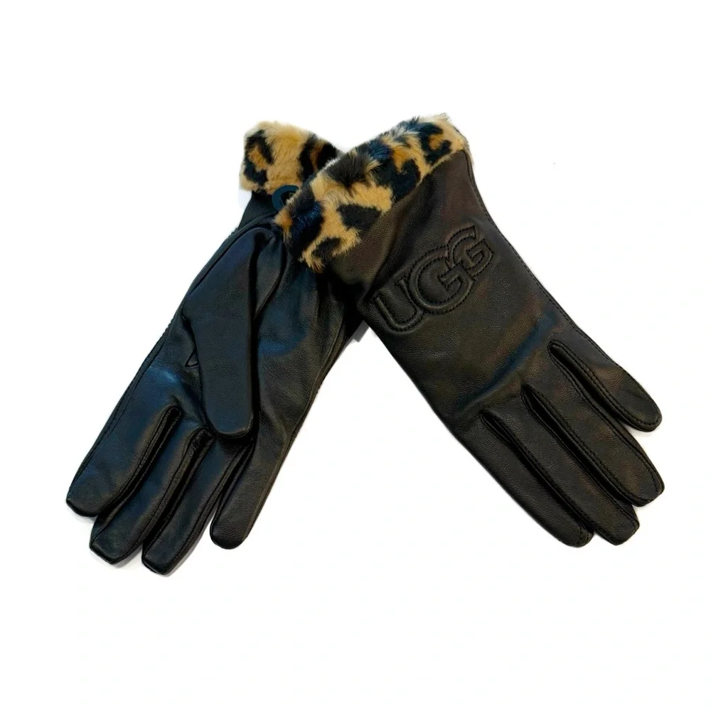 UGG Black Logo Leopard Cuffs Leather Gloves NWT
